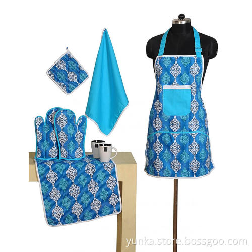 Set of Apron include Bib Apron  Oven Mitt Pot Holder Kitchen Towel Beautiful Flower Design